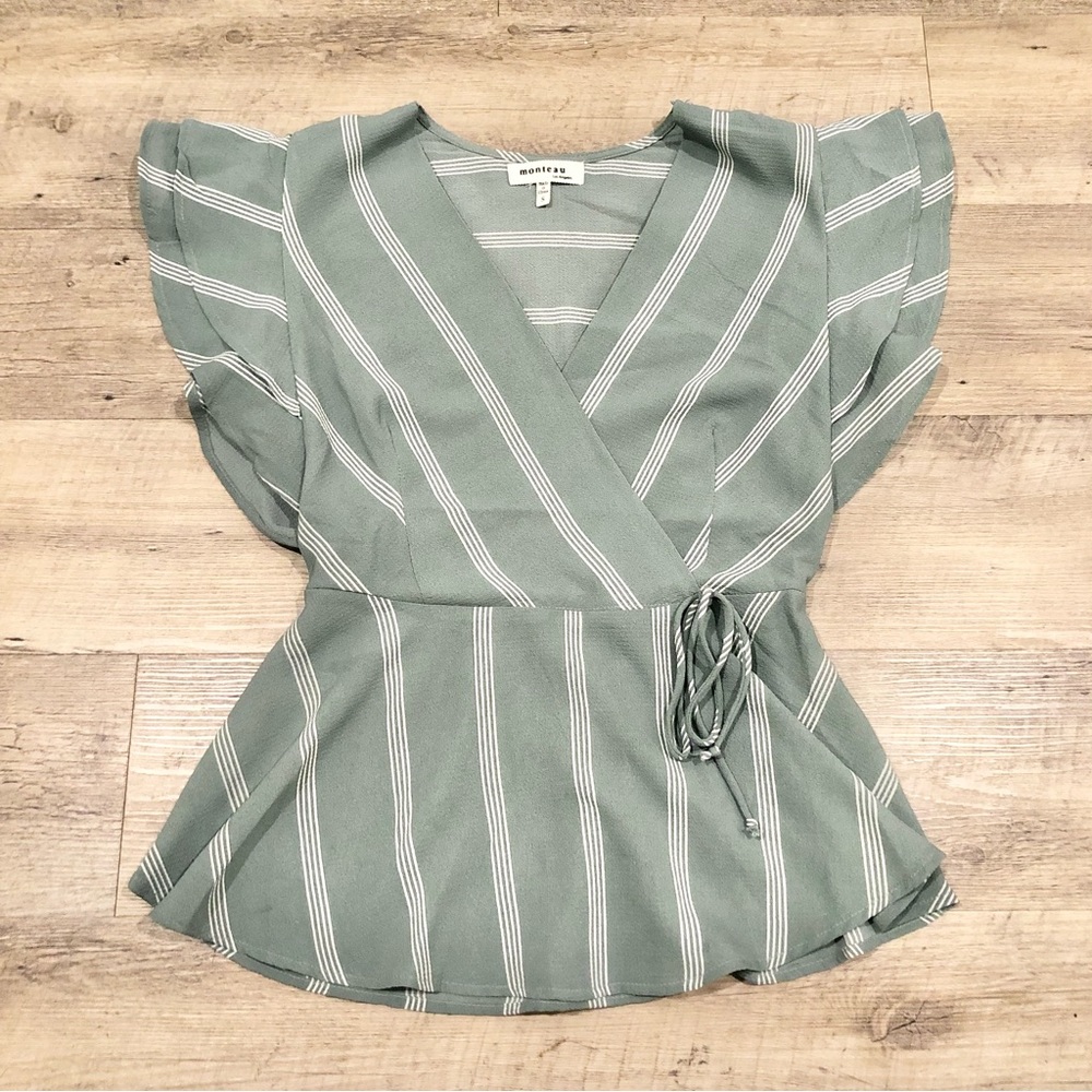 Flutter Sleeve Faux Wrap Top With Flounce Bottom … - image 1